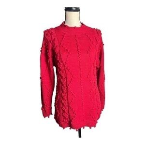 Vintage 70s Cookie M Red Oversize Cable Knit Alpaca Peru Popcorn Sweater Size S